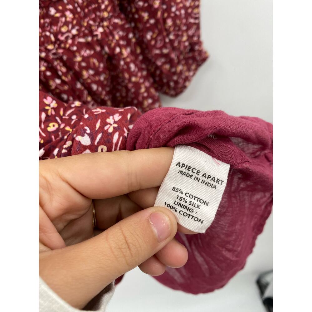 Apiece Apart Maroon Floral Smocked Waist Long Sleeve Mini Dress - Picture 5 of 5